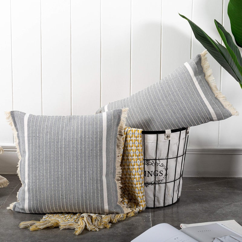 OJIA Modern Throw Pillow Cover with Tassels, Decorative Liana Fringe Accent Cushion Case, Farmhouse Woven Pillowcase for Sofa Chair Couch Bed Decor (Lumbar 12 x 20 Inches, Grey) - Image 5
